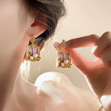 Garden Purple Oil Painting Style Baroque Pearl Earrings Retro