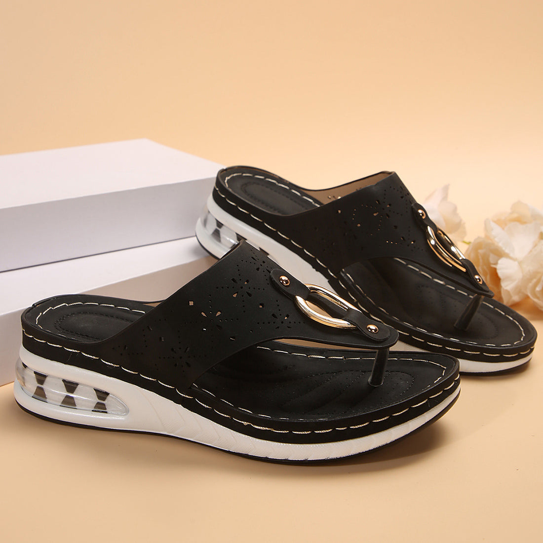 New Air Cushion Thong Sandals Summer Flip Flops Hollow Metal Buckle Wedges Shoes For Women Thick Sole Beach Shoes DazzleTrove
