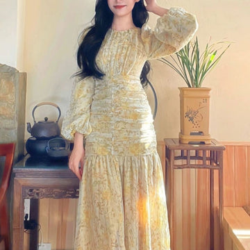 French Style  Style Long Sleeve Floral Dress Fashion High-end Temperament