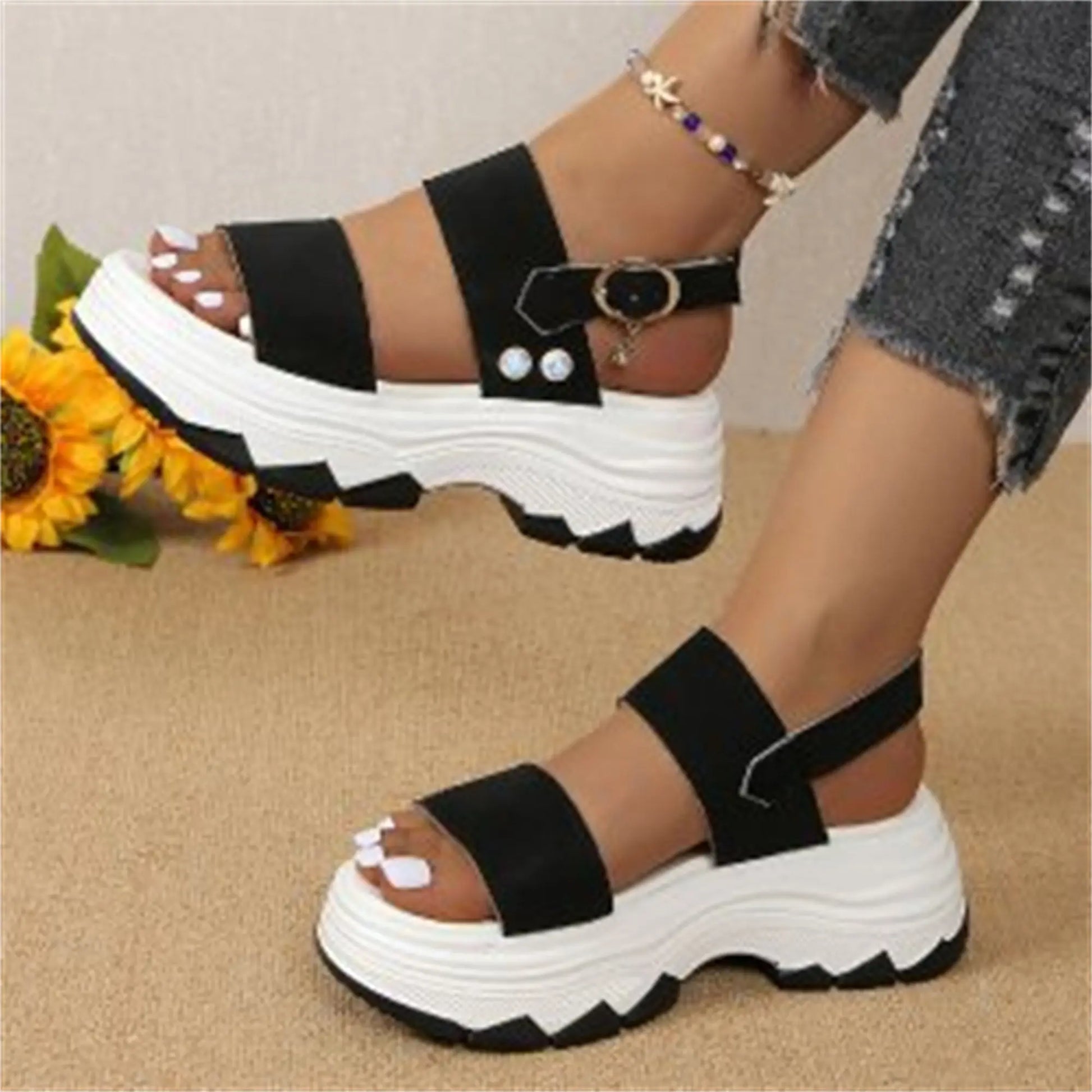 Casual Double-strap Sports Sandals Summer Fashion Solid Color Thick Bottom Buckle Fish Mouth Shoes Women DazzleTrove