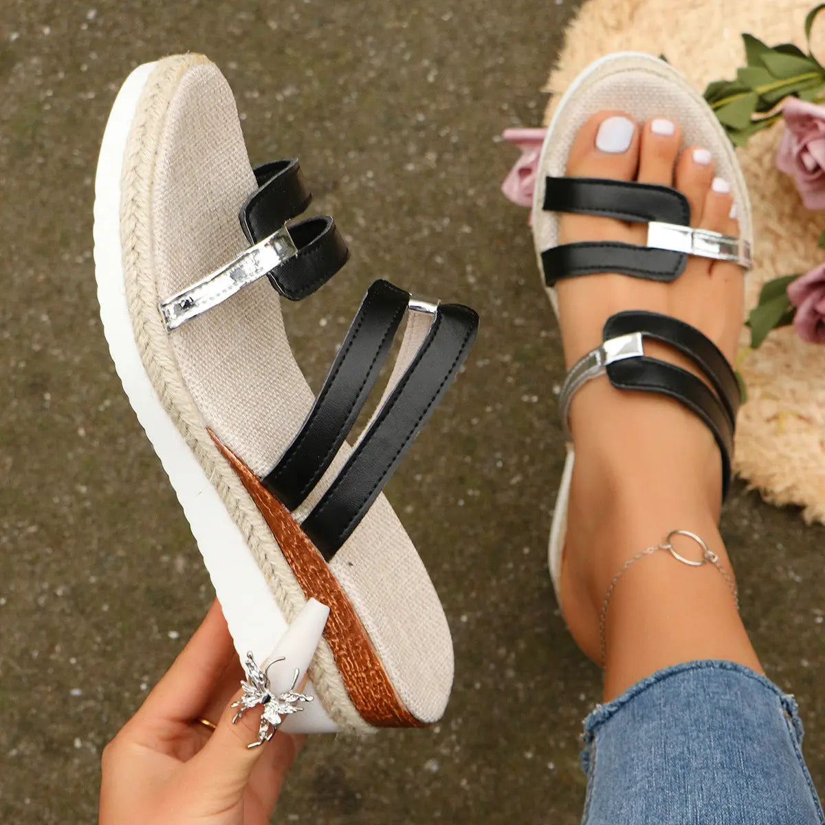 Colorblock-strap Wedges Sandals Summer Fashion Hemp Heel Slides Slippers Outdoor Thick Bottom Fish Mouth Shoes For Women DazzleTrove