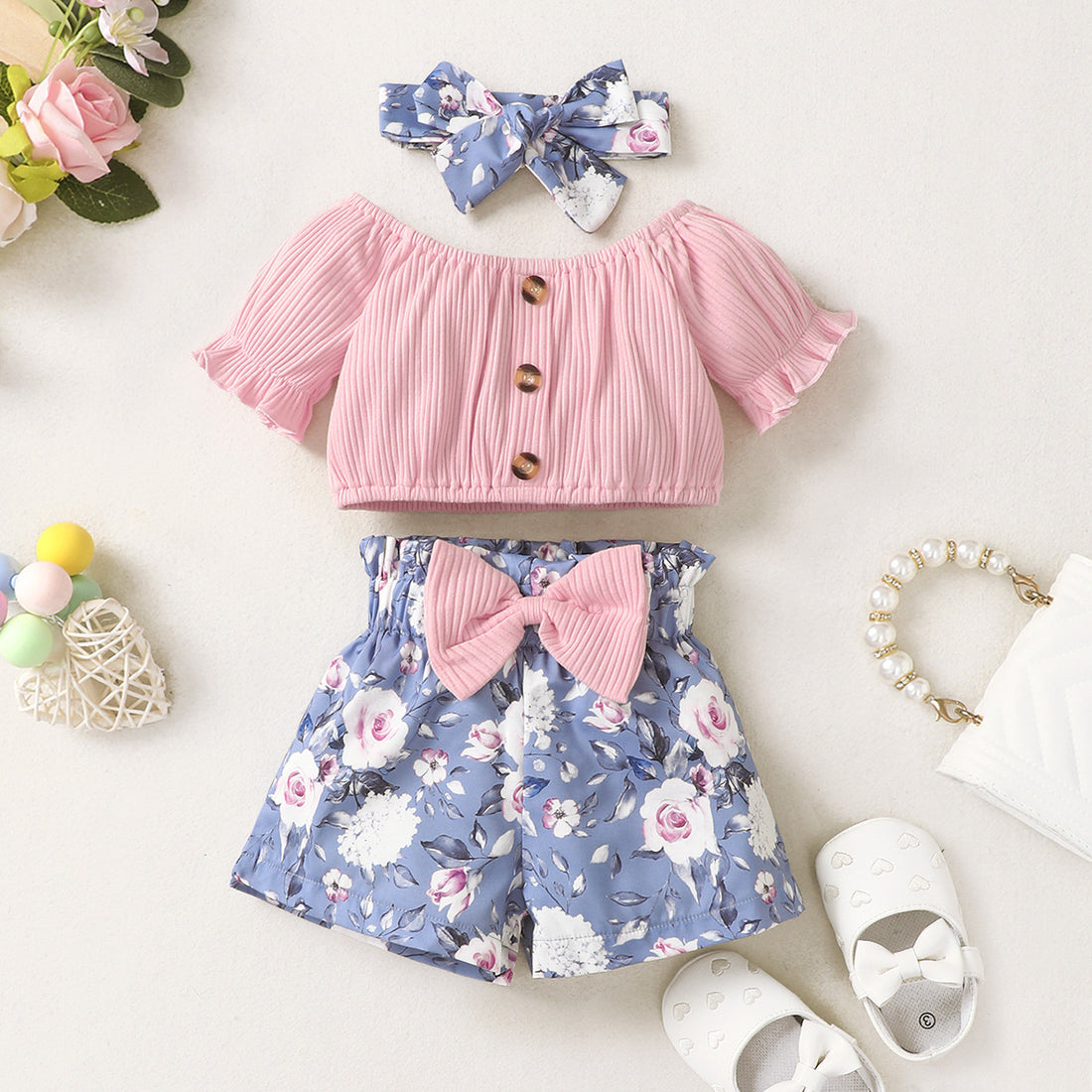 Baby Cute Printed Shorts Suit Short Sleeve T-shirt Pants Headscarf Three-piece Set