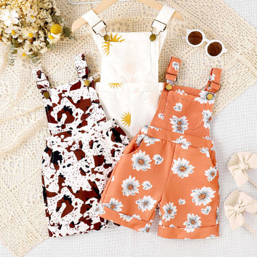 European And American Girls' Spring And Summer Fashion Item Flower Leopard Print Sun Print Children's Pocket Suspender Pants