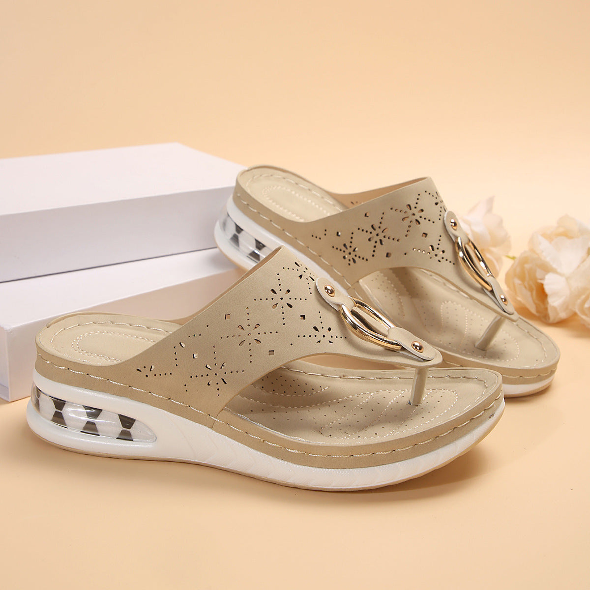 New Air Cushion Thong Sandals Summer Flip Flops Hollow Metal Buckle Wedges Shoes For Women Thick Sole Beach Shoes DazzleTrove