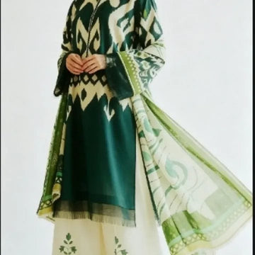 "Bottle Green Ikat Print Kurta with Cream Sharara & Dupatta | 3-Piece Suit"
