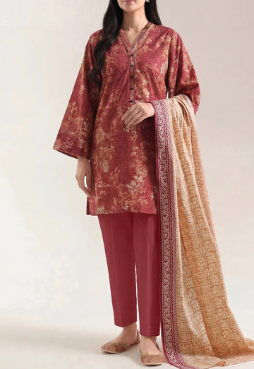 "Maroon Floral Print 3-Piece Suit with Rust Dupatta
