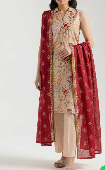 "Beige Floral Print Sleeveless Suit with Maroon Printed Dupatta | 2-Piece Suit"
