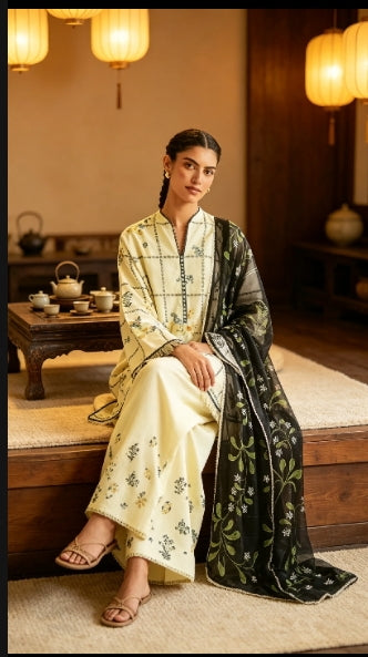 "Ivory  Suit with Black Floral Print Dupatta | 3-Piece Lawn Suit"