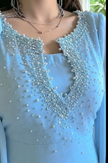 "Powder Blue Pearl & Crystal Embellished Suit | Heavy Hand-Embroidered Party Wear
